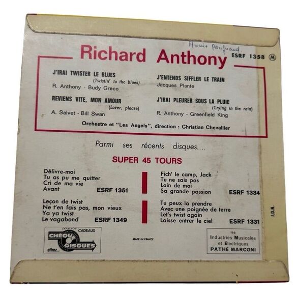 Richard Anthony Vinyl 45 RPM EP J'irai Twister Le Blues - Columbia 1358 M Rèduit - Picture 2 of 9